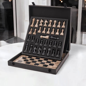 Oceanic and Black Handmade 15 Inches Premium Quality Marble Chess Set (With Storage Box)